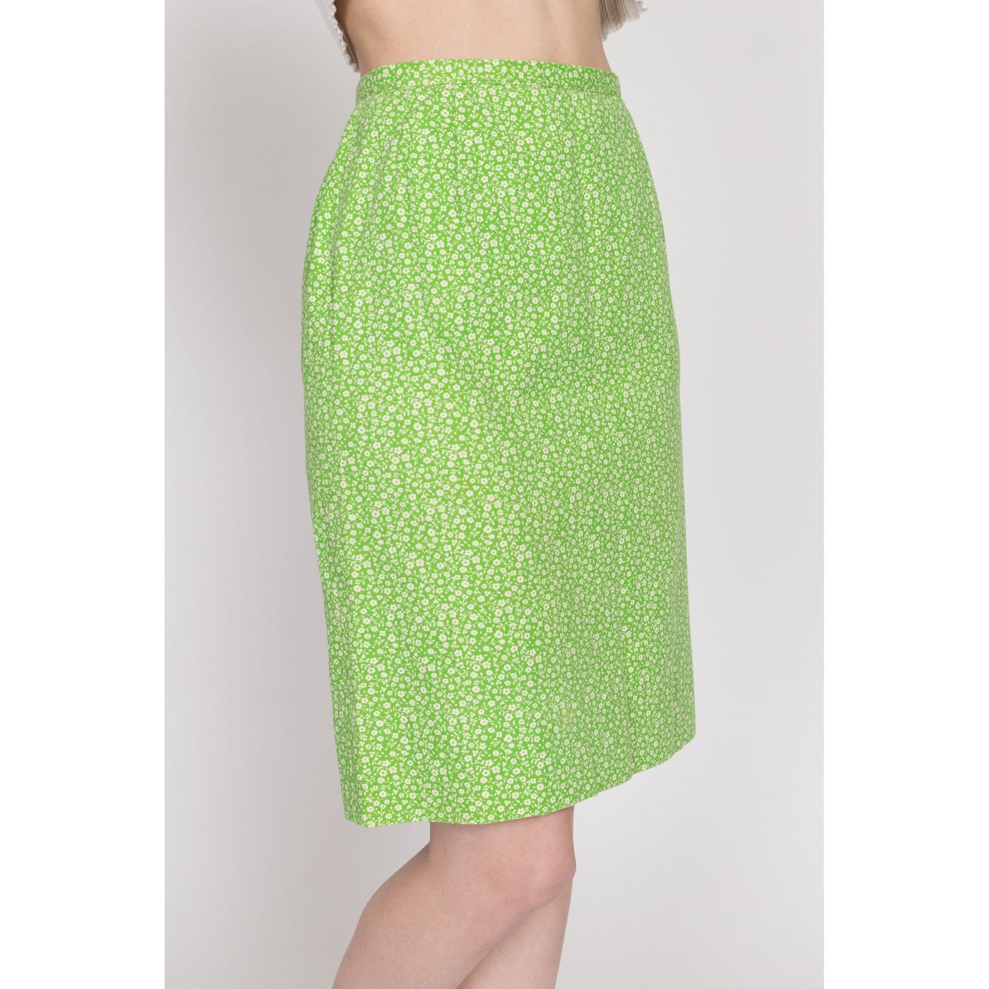 XS 70s Evan Picone Green Floral Pencil Skirt 24" | Vintage High Waisted Boho Calico Mini Skirt