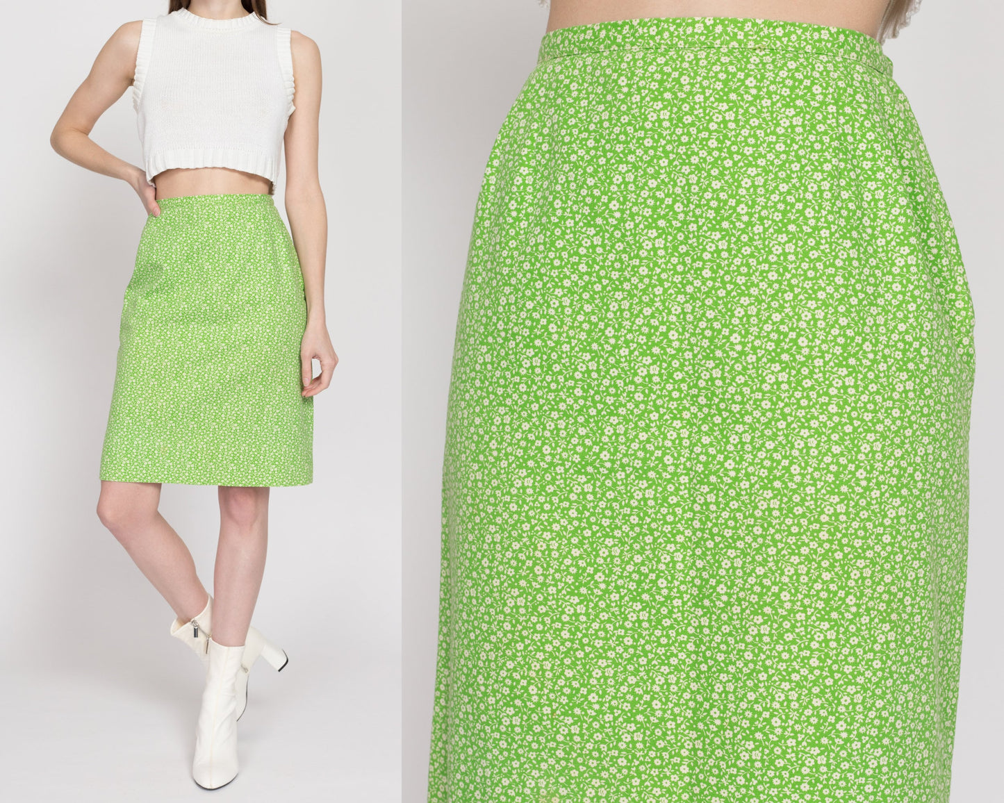 XS 70s Evan Picone Green Floral Pencil Skirt 24" | Vintage High Waisted Boho Calico Mini Skirt