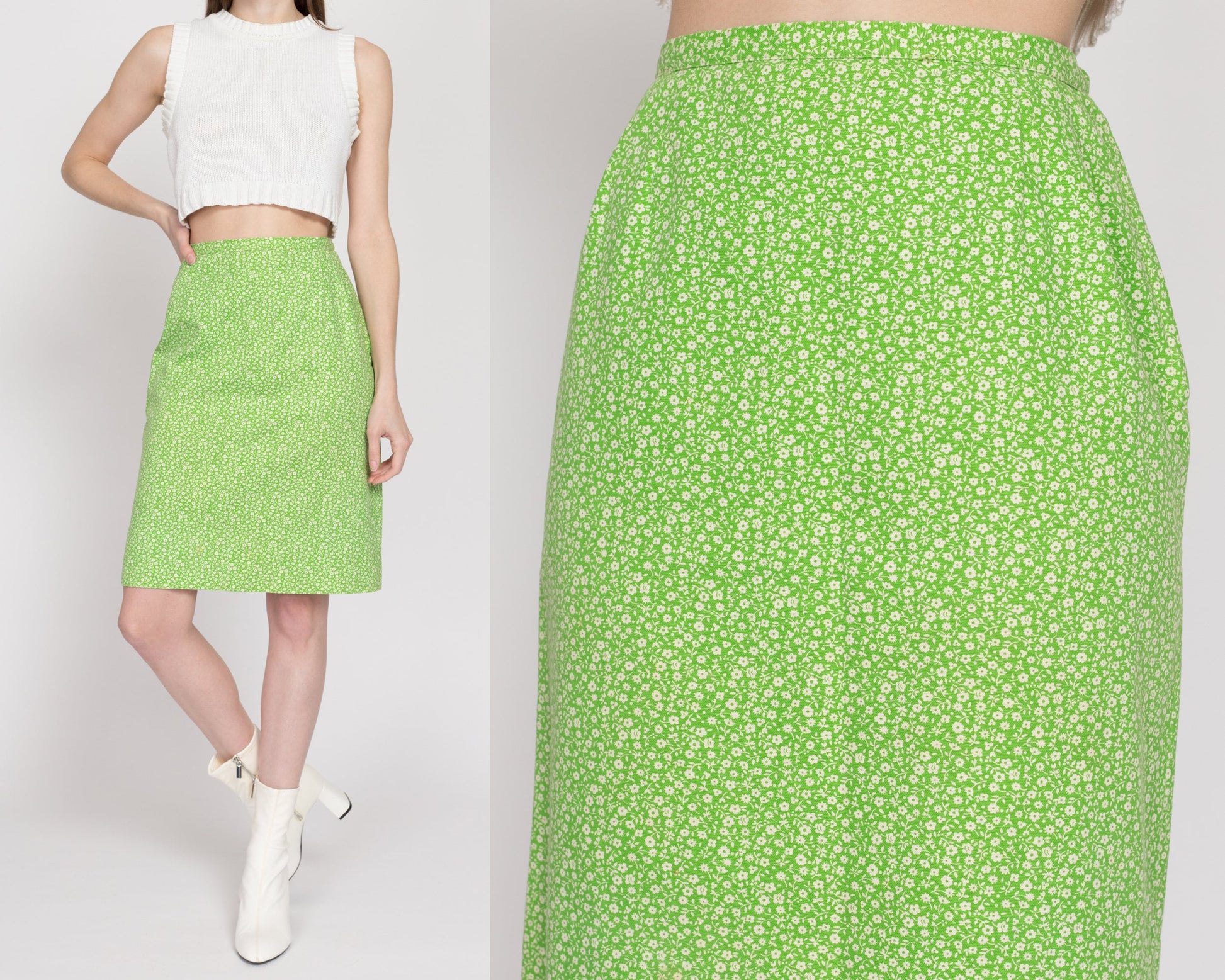 XS 70s Evan Picone Green Floral Pencil Skirt 24" | Vintage High Waisted Boho Calico Mini Skirt