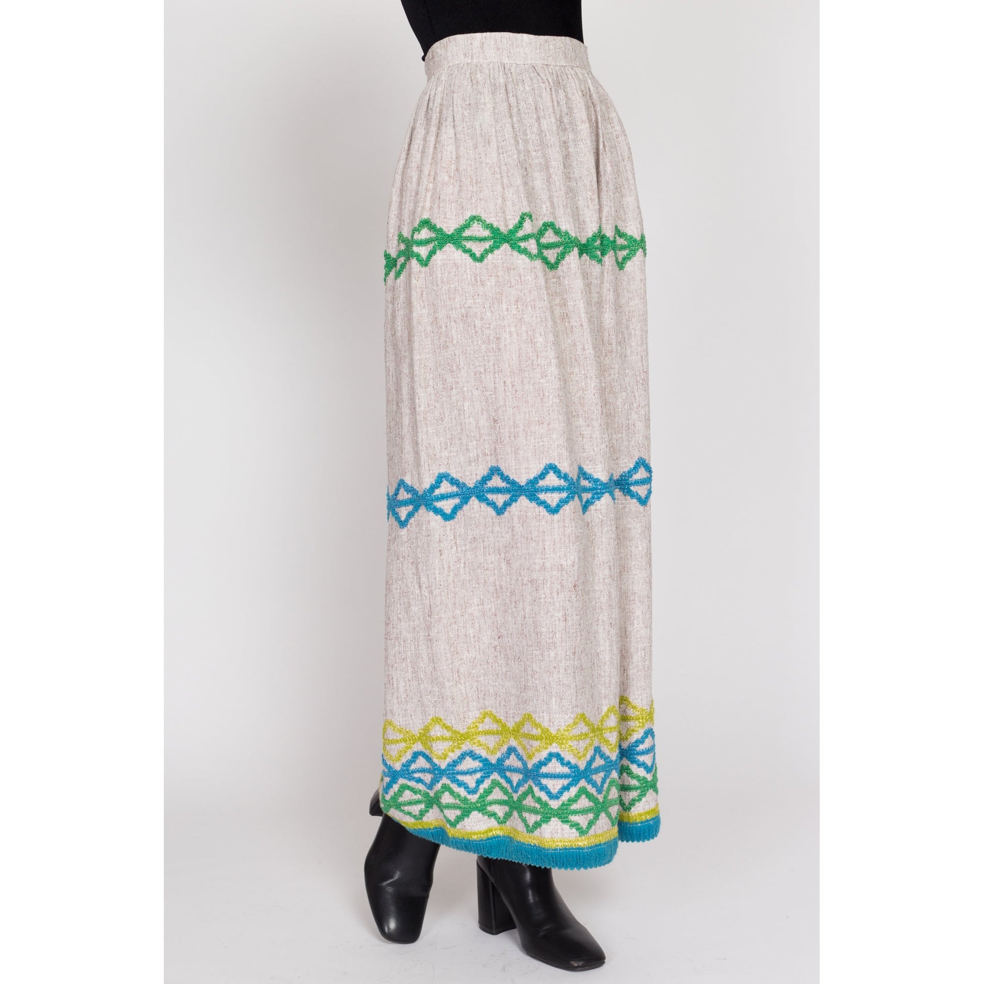 XS 70s Boho Embroidered Woven Maxi Skirt 24.5" | Vintage Striped A Line Long Hippie Hostess Skirt