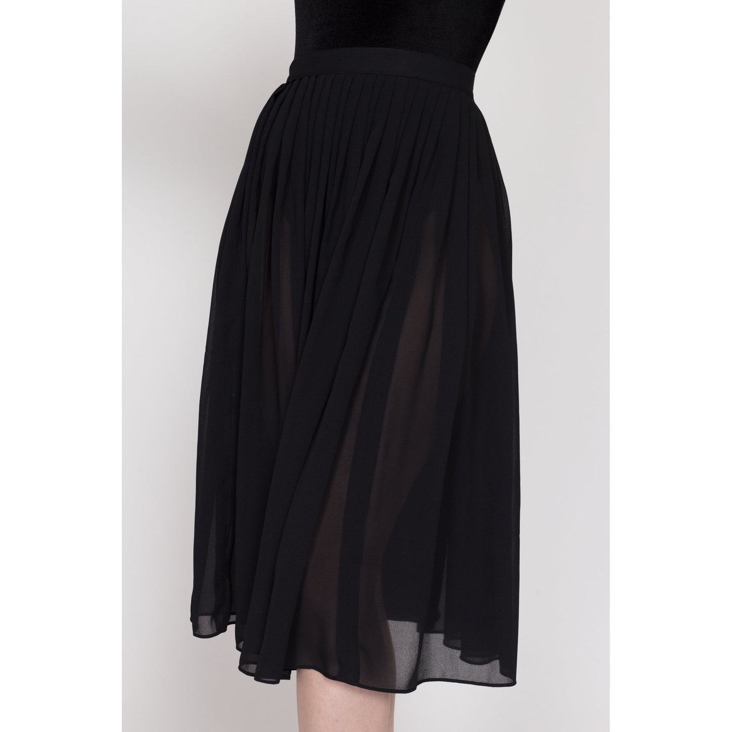 XS-Sm 80s Sheer Black Pleated Midi Skirt | Vintage High Waisted Minimalist Gothic Flowy Skirt