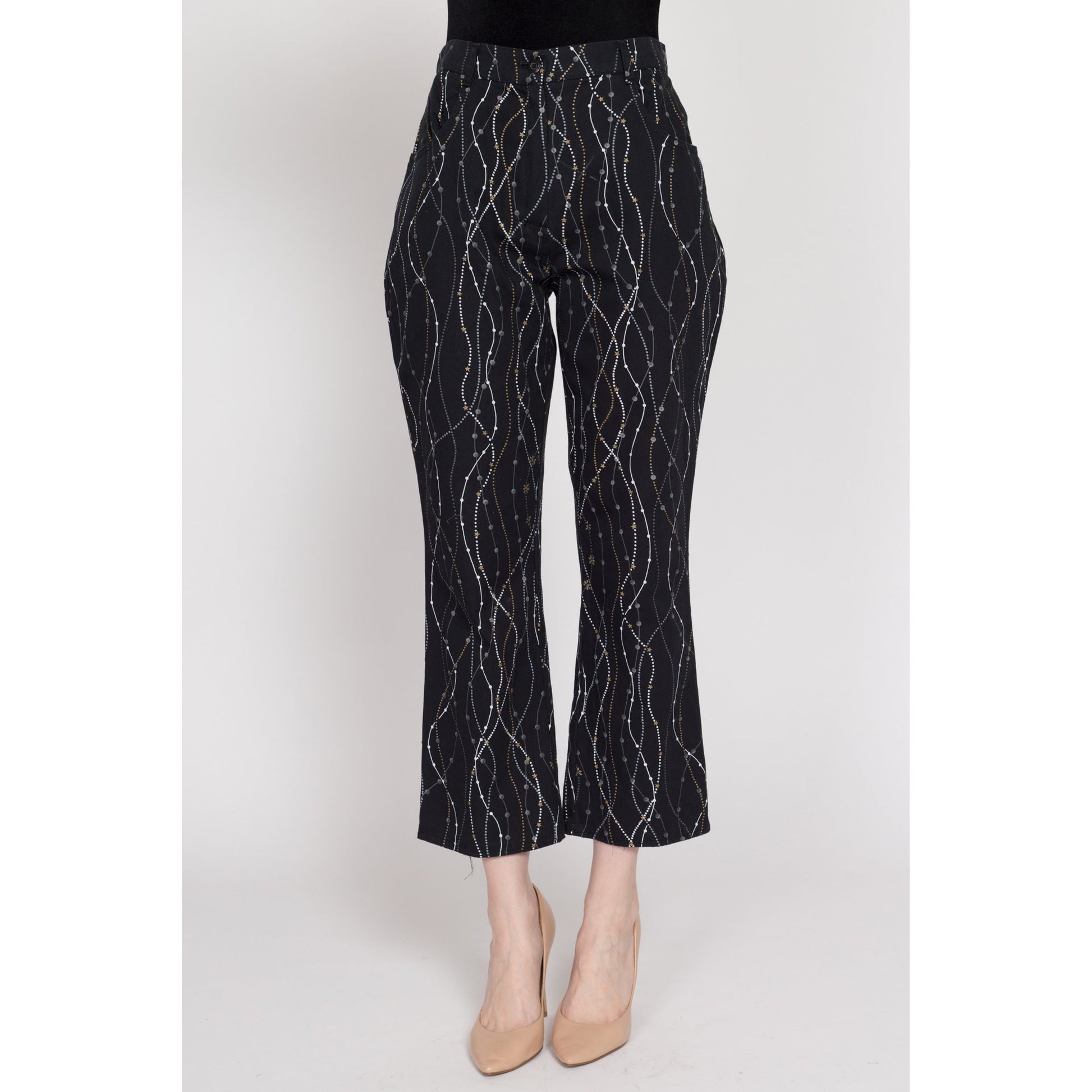 Petite Medium 90s Y2K Black Vine Print Pants | Vintage Boho High Waisted Kick Flare Trousers