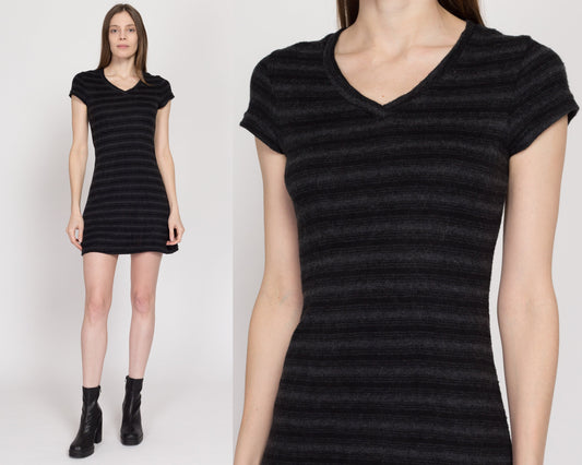 Small 90s Black Striped Soft Knit Mini Dress | Vintage V Neck Short Sleeve Grunge Dress