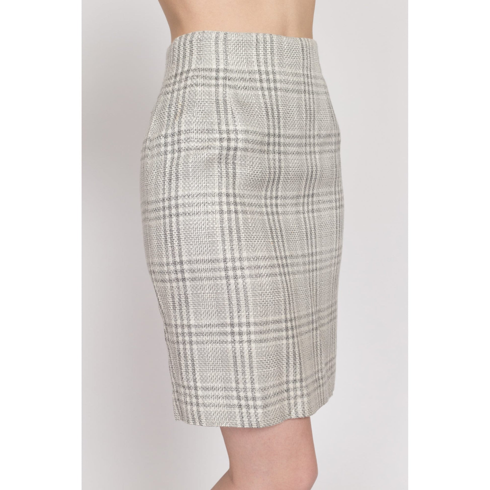 XS 90s Grey Plaid Woven Mini Pencil Skirt 24" | Vintage High Waisted Fitted Skirt