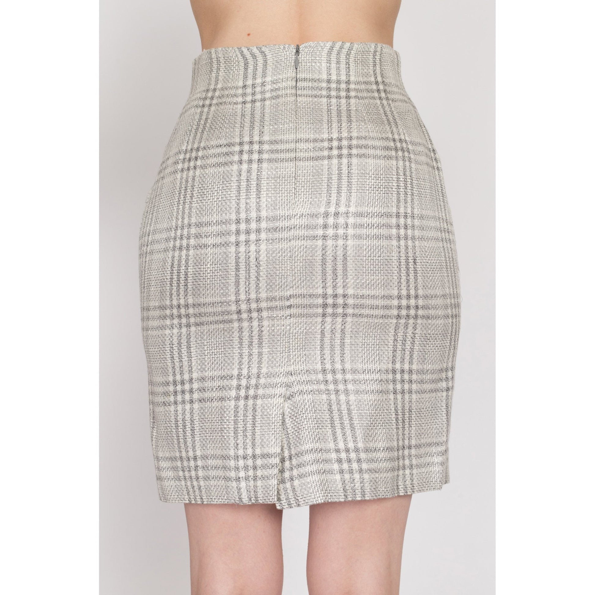 XS 90s Grey Plaid Woven Mini Pencil Skirt 24" | Vintage High Waisted Fitted Skirt