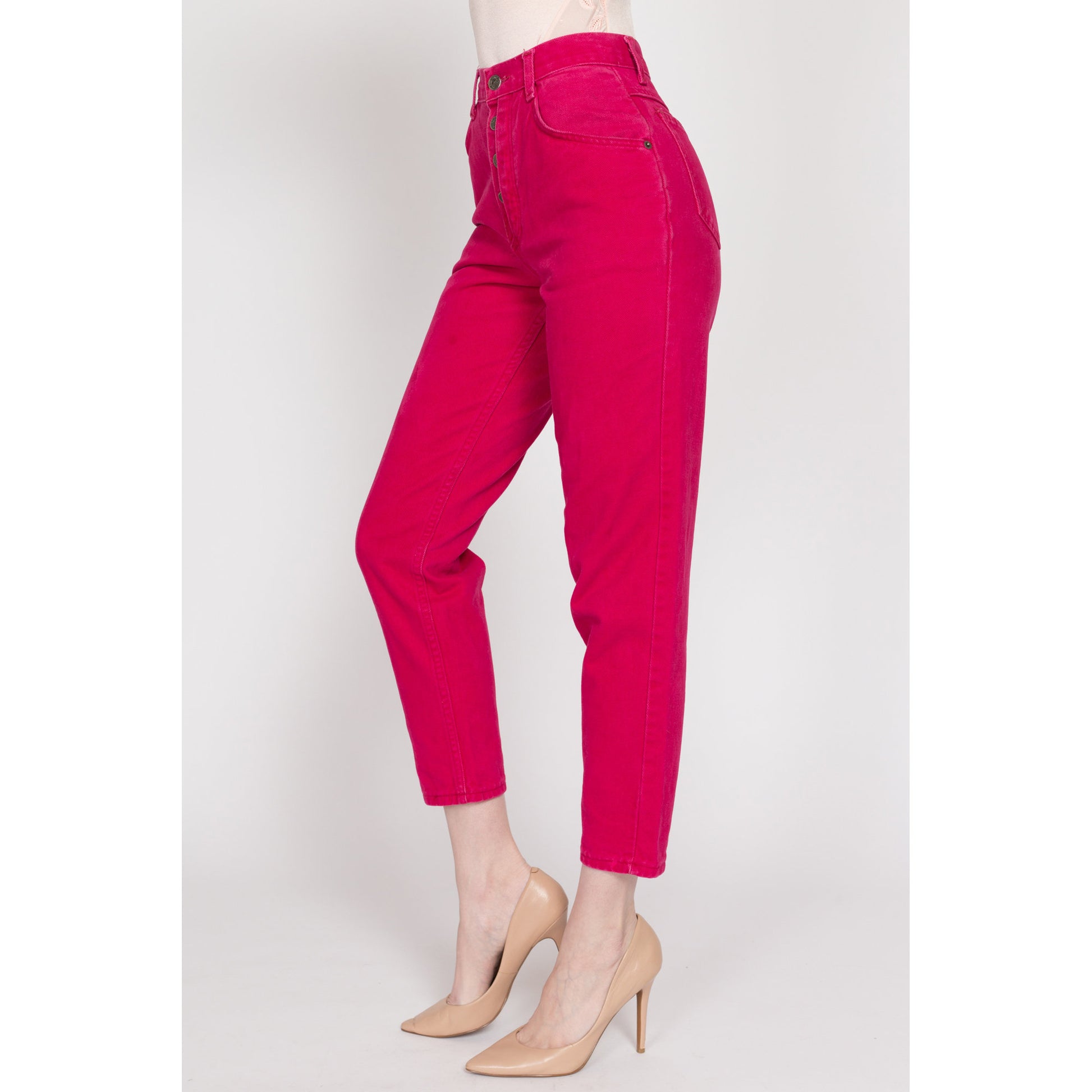 XS 90s Hot Pink Exposed Button Fly Jeans 23.5" | Vintage High Waisted Denim Tapered Leg Mom Jeans